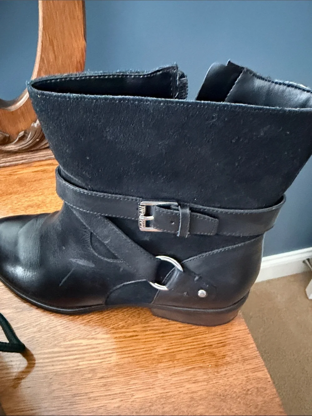 Lauren Ralph Lauren Black Leather & Suede Buckle Ankle Boots